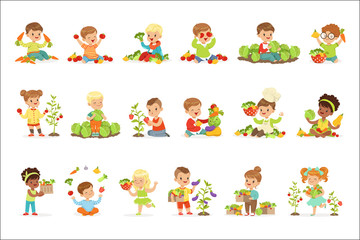 Little children having fun and playing with vegetables, set for label design. Cartoon detailed colorful Illustrations