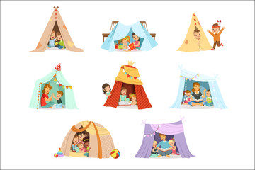 Cute little children playing with a teepee tent, set for label design. Cartoon detailed colorful Illustrations © topvectors