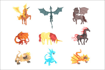 Mythical and fantastic creatures, set for label design. Cartoon detailed Illustrations