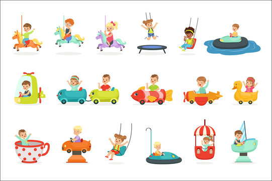 Children having fun in an amusement park, set for label design. Cartoon detailed colorful Illustrations