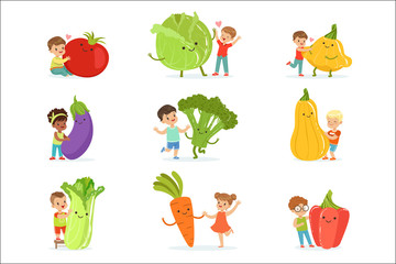 Cute little children having fun and playing with big vegetables, set for label design. Colorful cartoon characters detailed vector Illustrations
