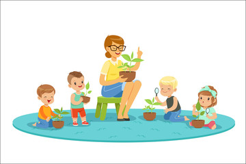 Biology lesson in kindergarten, children looking at plant seedlings. Cartoon detailed colorful Illustrations isolated on white background