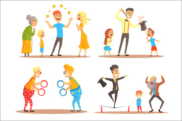 Young man juggling with oranges before his family. Clowns juggling with rings on a circus show. Circus or street actors set of colorful cartoon detailed vector Illustrations