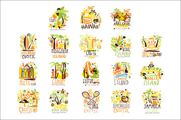 Madagascar, Crete, Bali, Seychelles, Ibiza, Jamaica resort set for label design. Summer beach tourism and rest vector Illustrations