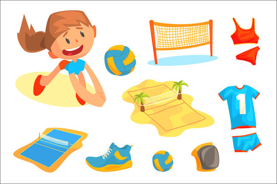 Girl playing with a ball at beach volleyball set for label design. Sports equipment for volleyball. Cartoon detailed Illustrations