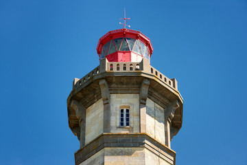 french "phare des baleines" lighthouse top on "Re" island France,blue sky background.
