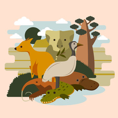 Australia. Animals: Kangaroo, anteater, ostrich, platypus, koalla, crocodile. Vector illustration