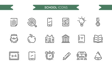 School icons set isolated. Line art. Editable. Signs and symbols. Modern simple style. Phone, tablet, books, apple, target, building, pencil, clock, bell, bus. Flat style vector illustration.
