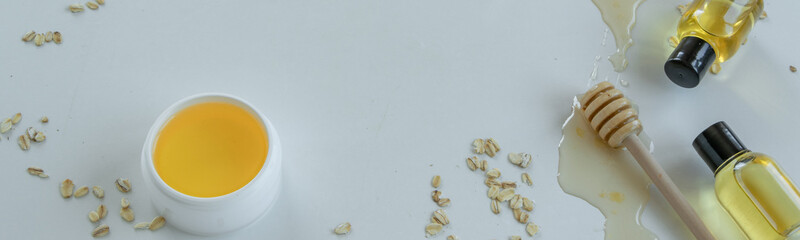 Skin care products with extract of honey and oatmeal. Healthy organic remedy, superfood for the skin.