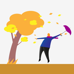Autumn. Man blows the wind. Stylized shapes. Vector illustration