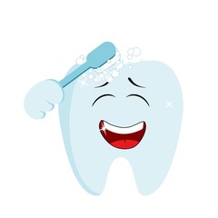 Cute smiling tooth cleaning himself with a toothbrush. Dental hygiene concept