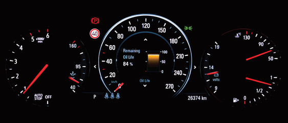 Illustration of remaining oil life display on car dashboard panel. Engine oil life monitor. Car instrument panel with speedometer, tachometer, odometer, car temperature,  car voltmeter and fuel gauge.