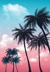 Fototapeta na wymiar Summer sunset palm trees. Beatiful tropical, exotic wit clouds in sky.Vector illustration. EPS 10