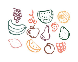 Fruit set hand-drawn doodle. Vector color contour isolated illustration.
