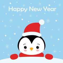 Fototapeta na wymiar Christmas Cute Little Penguin with Santa s Cap. Christmas cute animal cartoon character. Greeting card