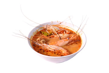 boiled shrimp with herb in Thai spicy soup or tom yum kung on bowl