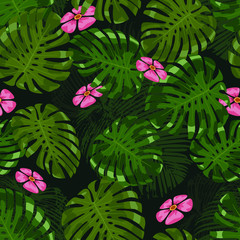 Tropical Leaves and Pink Flowers Seamless Pattern