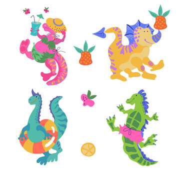Set of cartoon colorful dinosaurs, little funny monsters vector illustration isolated on white background. Prehistoric animals for textile prints and children's items.