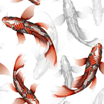 Koi carps, traditional colorful japanese fish detailed vector seamless pattern