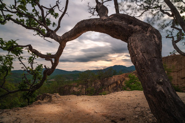 Fototapeta na wymiar Pai canyon in thailand north in late afternoon golden hour sunset with cloudy sky view from an ancient tree over the valley