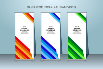 Creative roll up banner stand template design. Vertical banner template.  Universal standing banner for conference, promotion banner vector background.  Modern publication x-banner and flag-banner.