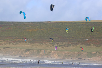 kitesurfers off Westward Ho Beach, Devon