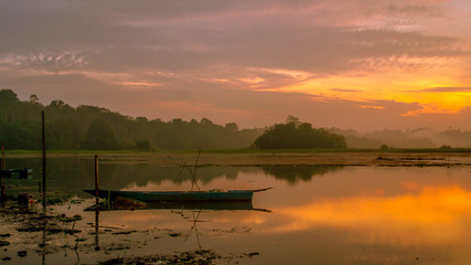 beautiful panorama of sunrise at Benanga Reservoir, Samarinda, East Kalimantan, Indonesia