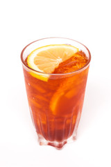 Ice black tea with lemon slice isolated on white background