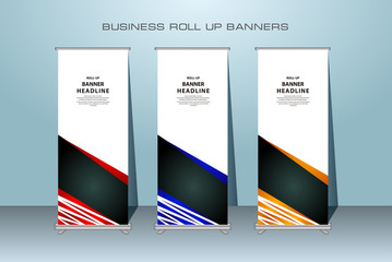Creative roll up banner stand template design. Vertical banner template.  Universal standing banner for conference, promotion banner vector background.  Modern publication x-banner and flag-banner.