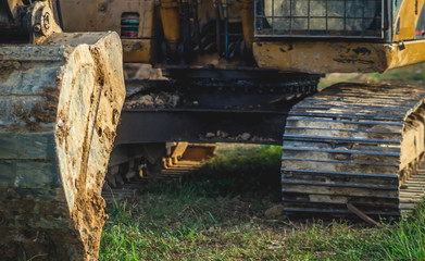 Fototapeta na wymiar Huge excavator park on construction work site