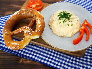 traditional bavarian food appetizer with brezen and chees paste
