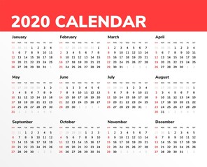 Calendar for 2020 new year in clean minimal table simple style. Week Starts on Sunday.