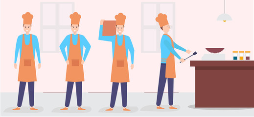 Set Chef cooking on the kitchen. character in cartoon style. Illustration of chef cook on kitchen cooking