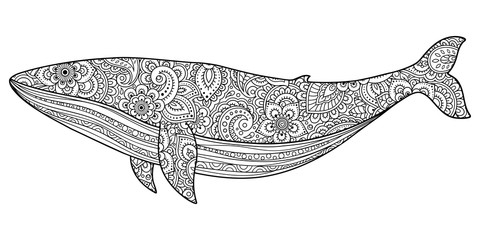 Whale is a marine mammal made a floral pattern with Oriental ornaments. Hand drawn decorative animal in Doodle style. Stylized decoration of mehndi for tattoos, stamps, covers, books and coloring. © Katikam