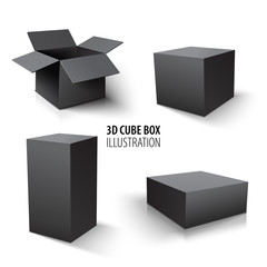 Carton packaging 3d black box and cube set. Set of open cardboard boxes and cube on white background. - 280836700
