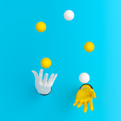 Juggling balls hands out of the wall 3d illustration - obrazy, fototapety, plakaty
