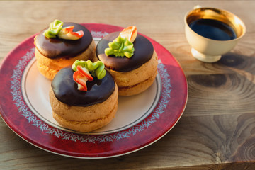 cake and coffee cup on wooden table