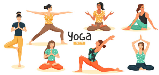 Young women practicing yoga. Set of cute girls doing various yoga posture. Cartoon vector illustration on white background.