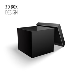 Black open carton delivery packaging 3d black box with lid isolated on white background vector illustration.