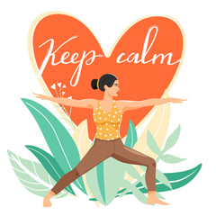 Sporty woman practicing virabhadrasana warrior yoga pose. Stylish typography slogan design 
