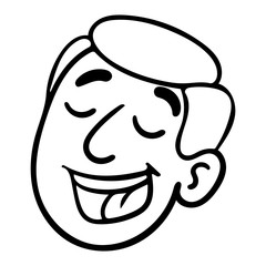 Face of a businessman with closed eyes and laughing mouth. Character, scribble, outline, comic, ink, sketch, doodle, vector, illustration, line, cartoon, black, white, drawing, stroke, monochrome.