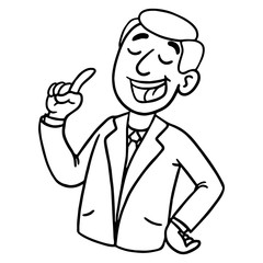 Businessman knowingly raising his finger and explaining something. Character, scribble, outline, comic, ink, sketch, doodle, vector, illustration, line, cartoon, black, white, drawing, stroke, monochr