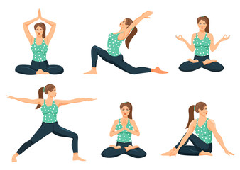 Obraz na płótnie Canvas Young woman practicing yoga. Set of cute girls doing various yoga posture. Cartoon vector illustration on white background.