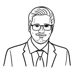 Portrait of a businessman with suit and glasses. Character, scribble, outline, comic, ink, sketch, doodle, vector, illustration, line, cartoon, black, white, drawing, stroke, monochrome.
