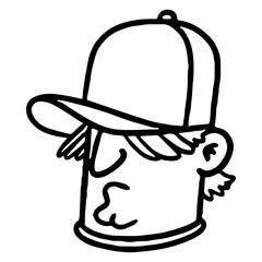 Face of an annoyed teenager with a cap over his eyes and shaggy hair. Character, scribble, outline, comic, ink, sketch, doodle, vector, illustration, line, cartoon, black, white, drawing, stroke, mono