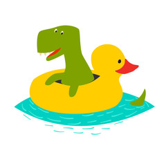 Cute dinasaur swiming with yellow inflatable duck vector illustration. Green t-rex cartoon doodle print isolated on white background