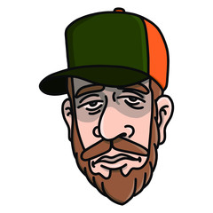 Face of a tree-cutter with truckercap and beard in color. Character, scribble, outline, comic, ink, sketch, doodle, vector, illustration, line, cartoon, black, white, drawing, stroke, color.