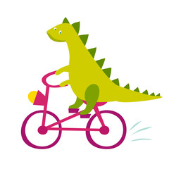 Fototapeta na wymiar Cute dinasaur riding bicycle vector illustration. Cute happy green dino cartoon print isolated on white background