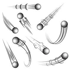 Set of different black outline golf balls movements isolated on white background