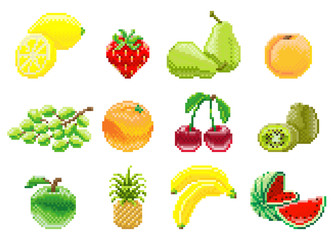 A set of fruit icons in a pixel 8 bit video game art style